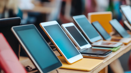 Sleek tablet display smartphone display electronics store touchscreen devices digital gadgets modern retail atmosphere brightの素材