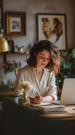 Young woman writing at desk in cozy home office with laptop and plants, thoughtful and focused expressionの素材
