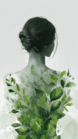 Young woman back with botanical watercolor overlay expressing calmness and natural beautyの素材