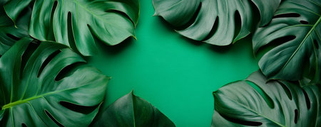Lush green monstera leaves frame vibrant emerald background, tropical foliage pattern creating calming natural composition and fresh botanical moodの素材