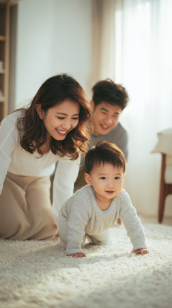 Loving family mother father and baby crawling on carpet in bright living room, warm joyful momentの素材