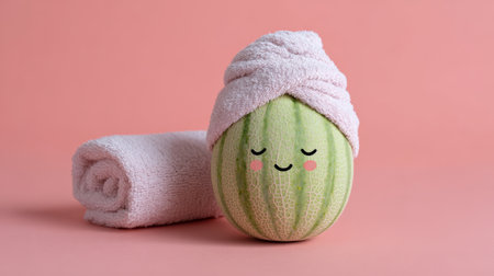 Cute cantaloupe with towel turban and rolled towel spa setting smiling relaxed face blushの素材