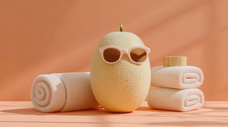 Melon wearing sunglasses with towels and spa jar on coral background, summer playful still life scene, warm pastel lightingの素材