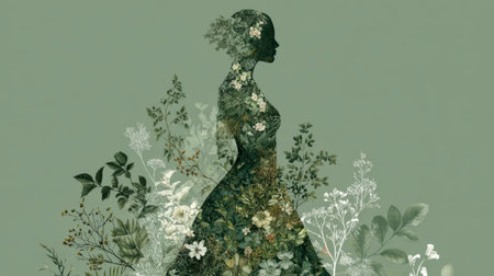 Silhouette woman floral botanical green profile nature foliage dress vintage elegantの素材