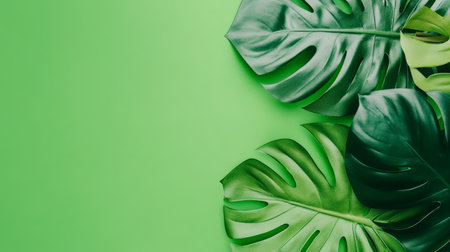 Lush green monstera leaves layered on bright green background, tropical plant texture and fresh foliage moodの素材