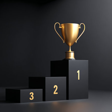 Gold trophy on first place podium with minimalist black pedestal and numbered steps conveying victory and achievementの素材
