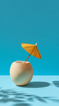 Tropical coconut drink cocktail paper umbrella summer blue background shadow minimal refreshingの素材