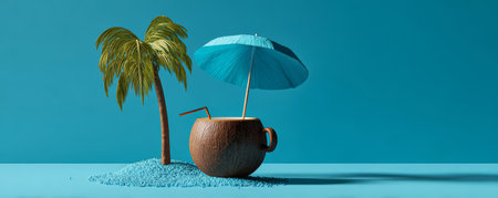 Tropical coconut drink beach umbrella palm tree blue sand summer cocktail straw single cup minimal compositionの素材