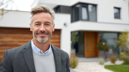 Middle aged man smile gray hair residential exterior modern house businessman casual blazer front yard contemporary architecture homeownerの素材