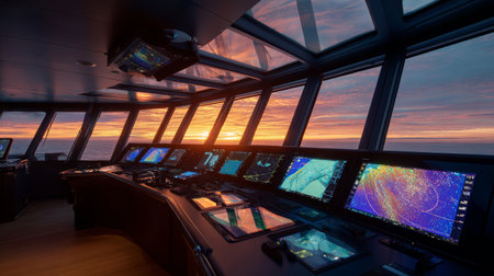 Sunset bridge control room with panoramic windows, navigation screens glowing, instruments and chart displays creating dramatic warm lightの素材
