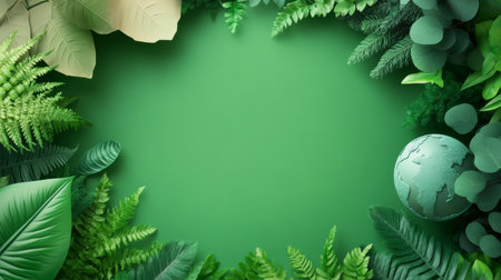 Green leaves fern foliage frame with globe symbolizing nature conservation and ecology awareness, peaceful sustainable conceptの素材