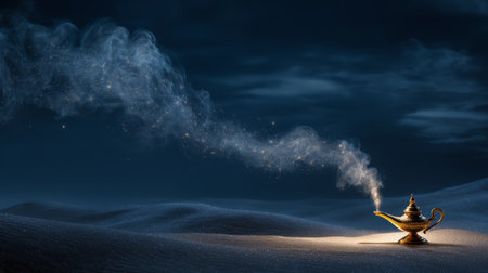 Magical brass oil lamp sits on moonlit desert sand as sparkling smoke drifts into starry night, evoking mystery and wonderの素材