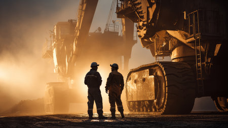 Miners in safety helmet heavy excavator industrial machinery open pit mine sunrise light dusty atmosphere earthmoving equipment worker silhouetteの素材
