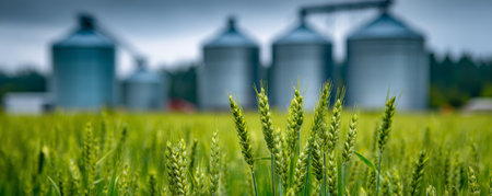 Green wheat field with grain silos in soft background, calm overcast sky and closeup stalks conveying rural harvest atmosphereの素材