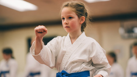 Young girl in karate uniform performing focused punch with blue belt in training hall, determined expression and motion energyの素材