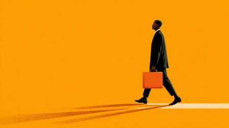 Minimalist businessman walking with briefcase on orange background conveying confident career progressの素材
