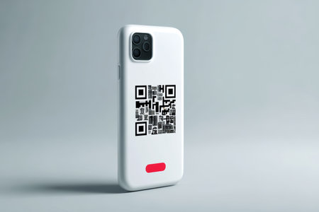 White smartphone case with square barcode sticker and red accent on back showing modern minimal tech design, subtle shadow and soft studio lightingの素材