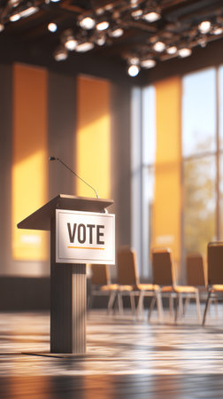 Vote podium in sunlit conference hall with empty chairs and microphone, optimistic civic engagement sceneの素材