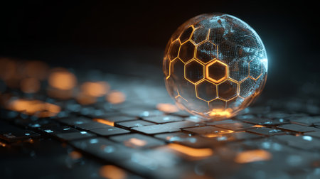 Futuristic globe with hexagonal network and glowing circuitry resting on illuminated keyboard, high tech digital concept with warm blue lightingの素材