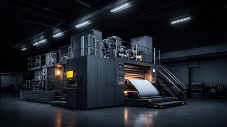 Industrial printing press in dimly lit factory with paper roll feeding into large machine, cool lighting and metal staircase, industrial atmosphereの素材