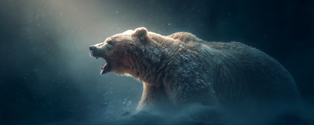 Roaring brown bear bear wildlife mammal fur nature forest snow cold aggressiveの素材
