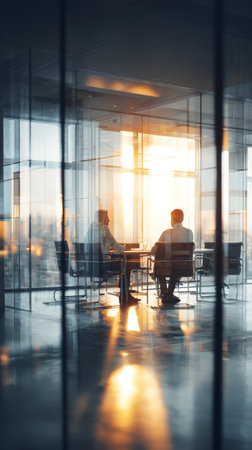 Two businesspeople meeting modern office glass conference room sunset light city view professionalの素材
