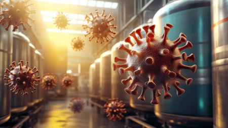 Virus particle close up inside industrial facility with warm light, tense atmosphere and floating aerosolized pathogensの素材