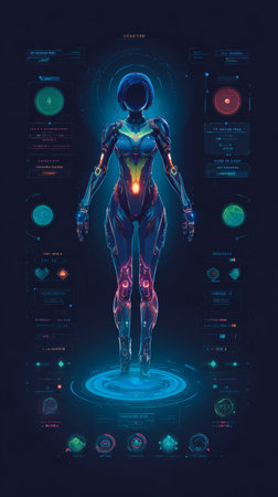 Futuristic female android neon armored bodysuit standing holographic interface, glowing circuitry and sciâfi diagnostic HUD, ambient blueの素材