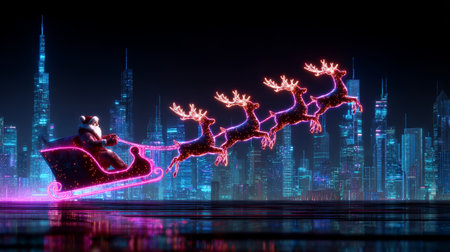Neon Santa sleigh flying over futuristic city skyline at night, festive joyful holiday lighting and glowing reindeerの素材