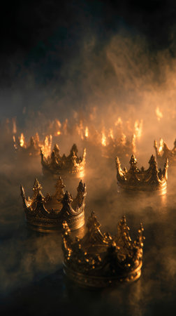 Golden crowns scattered on smoky dark ground create dramatic regal atmosphere with warm glowing light and misty reflectionsの素材