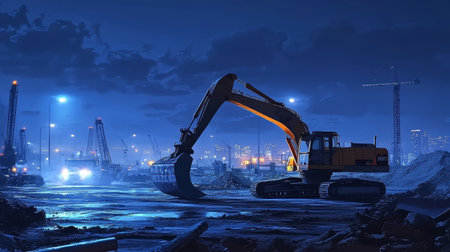 Excavator at night on construction site with city lights and cranes creating moody industrial atmosphereの素材