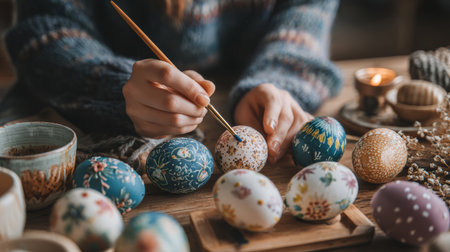 Hand painting decorative Easter eggs with floral motifs on wooden table, warm cozy atmosphere and candlelightの素材