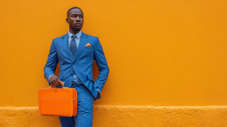 Well dressed businessman in blue suit with orange briefcase beside orange wall conveying confidence and styleの素材