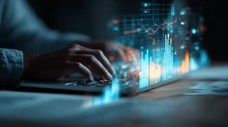 Hands typing on laptop with glowing financial data charts and holographic analytics overlay showing dynamic growth and focusの素材