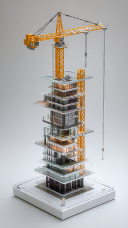 Modern construction tower with yellow crane lifting materials, layered glass floors, warm interior lighting, minimalist studio backgroundの素材