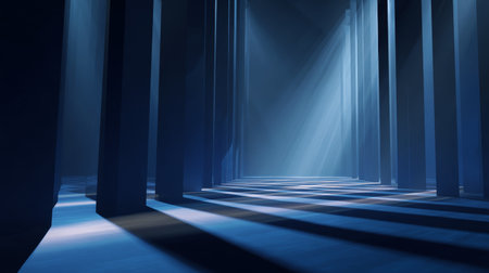 Mystical blue corridor with light beams and tall columns creating dramatic shadowsの素材