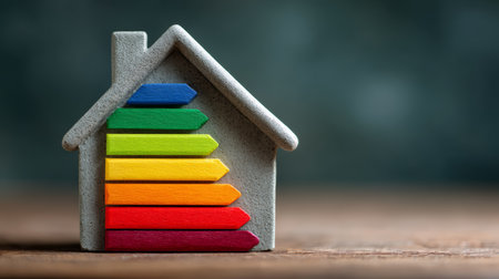 Colorful energy efficiency rating arrows inside small house model expressing eco friendly home improvement and sustainable living benefitsの素材