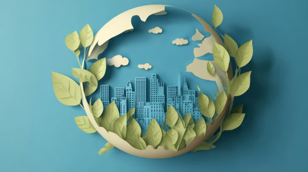 Green leaves surround sustainable cityscape with clouds and globe cutout conveying environmental harmonyの素材