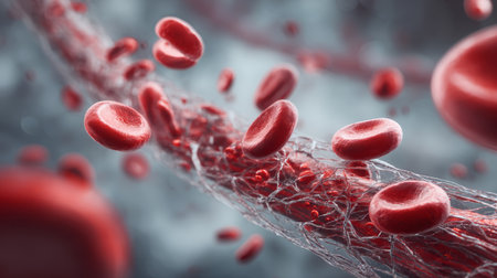 Red blood cell flow through blood vessel with fibrin strands creating dynamic, medical scene conveying urgency and movementの素材