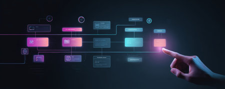 Futuristic user interface with glowing data nodes and hand interacting with holographic workflow, digital connection and technology visualizationの素材
