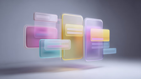 Translucent colorful smartphone screens and floating message panels in soft gradient light, modern communication concept with serene moodの素材