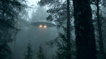 Mysterious forest clearing with hovering metallic disc and glowing lights, foggy pine trees, eerie atmospheric moodの素材