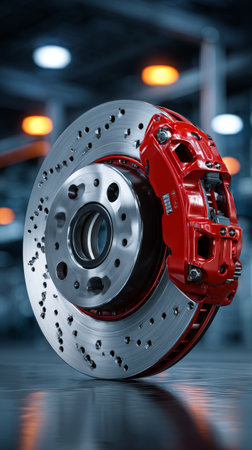 High performance car brake rotor with red caliper in garage setting, detailed metal texture and dramatic lightingの素材