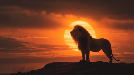 Majestic lion silhouette on rocky hill at dramatic orange sunset, warm glow and atmospheric clouds evoke powerful and serene moodの素材