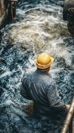Worker wearing yellow hard hat standing in flowing industrial water assessing drainage with concernの素材