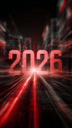 2026 digital countdown in futuristic cityscape with red light streaks and glowing numeric display conveying energetic anticipationの素材