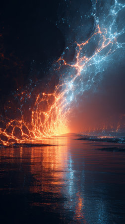 Glowing molten lava flow meeting shimmering electric water with dramatic reflection and fiery cool contrastの素材