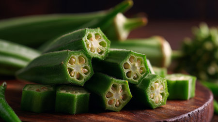 Fresh green okra pods stacked on wooden board, sliced to reveal seed patterns and textured ridges, natural vegetable still life with soft lightの素材