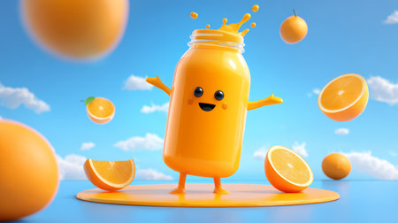 Happy orange juice character with citrus slice and splash on sunny blue skyの素材