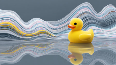 Yellow rubber duck floating on reflective water with colorful wavy layered background creating playful serene moodの素材
